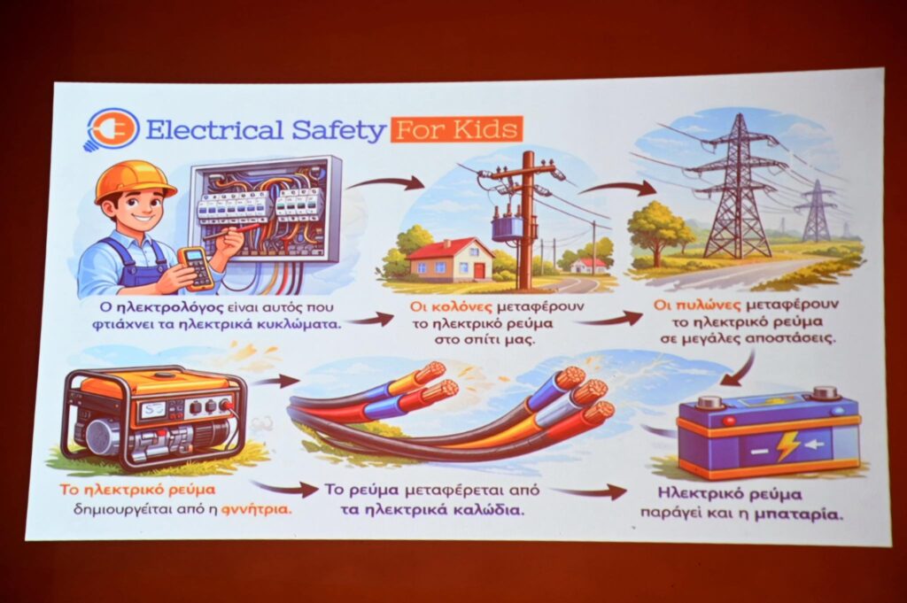 Μπορεί να είναι απεικόνιση χάρτης, τρένο και κείμενο που λέει "Electrical Safety ElectricalSafetyForKids For Kids o αλεκτρολόγος είναι αυτός που φτιάχνει τα ηλεκτρικά κυκλώματα. Οι κολόνες μεταφέρουν το ηλεκτρικό ρεύμα στο σπίτι μας. Οι πυλώνες μεταφέρουν το ηλεκτρικό ρεύμα σε μεγάλες αποστάσεις. To ηλεκτρικό ρεύμα δημιουργέίται από η αννήτρια. Το ρεύμα μεταφέρεται από τα ηλεκτρικά καλώδια. Ηλεκτρικό Ηλεκτρικόρεύμ ρεύμα παράγεί και η μπαταρία."