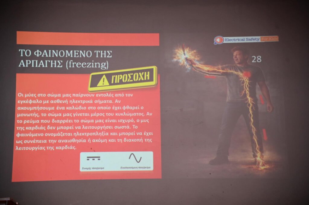 Μπορεί να είναι εικόνα κείμενο που λέει "To ΦΑΙΝΟΜΕΝΟ ΤΗΣ ΑΡΠΑΓΗΣ (freezing) ΓΙΡΟΣΟΧΗ Electrical ElectricalSafety Safety 28 Οι μύες στο σώμα μας παίρνουν εντολές από τον εγκέφαλο με ασθενή ηλεκτρικά σήματα. Av ακουμπήσουμε ένα καλώδιο στο οποίο έχει φθαρεί o μονωτής, το σώμα μας γίνεται μέρος του κυκλώματος. Av το ρεύμα που διαρρέει το σώμα μας είναι ισχυρό, μυς της καρδιάς δεν μπορεί να o λειτουργήσει σωστά. To φαινόμενο ονομάζεται λεκτροπληξία και μπορεί να έχει ως συνέπεια την αναισθησίαο ή ακόμη και τη διακοπή της λειτουργίας της καρδιάς. Συναή Koσypeйuиa Ενλσσσόμενη mσnpeфa"